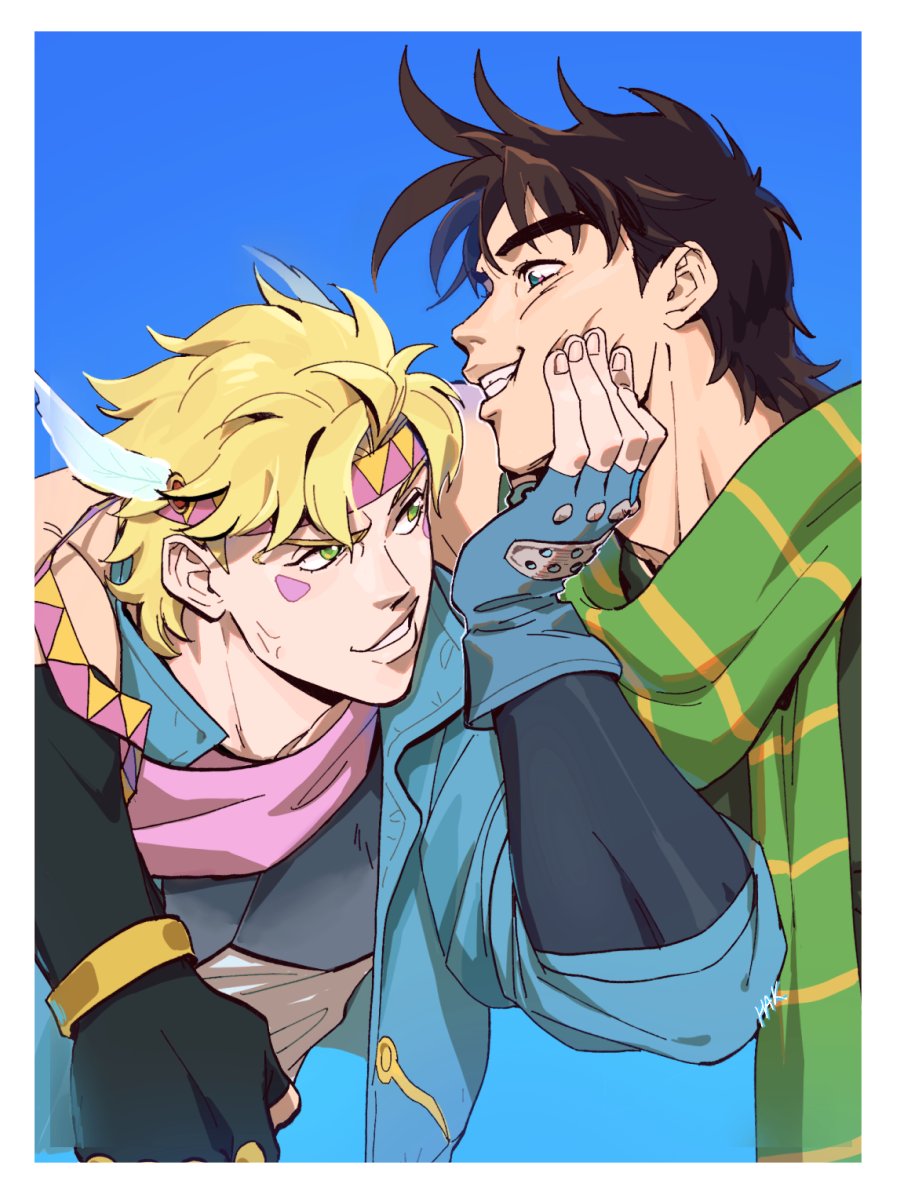 2boys anger_vein arm_around_shoulder battle_tendency blue_jacket blue_sky brown_hair caesar_anthonio_zeppeli facial_mark feather_hair_ornament feathers fingerless_gloves gloves grabbing_another's_chin green_scarf grin hair_ornament hakmonss hand_on_another's_chin jacket jojo_no_kimyou_na_bouken joseph_joestar joseph_joestar_(young) male_focus multiple_boys scarf sky smile striped striped_scarf triangle_print vertical-striped_scarf vertical_stripes