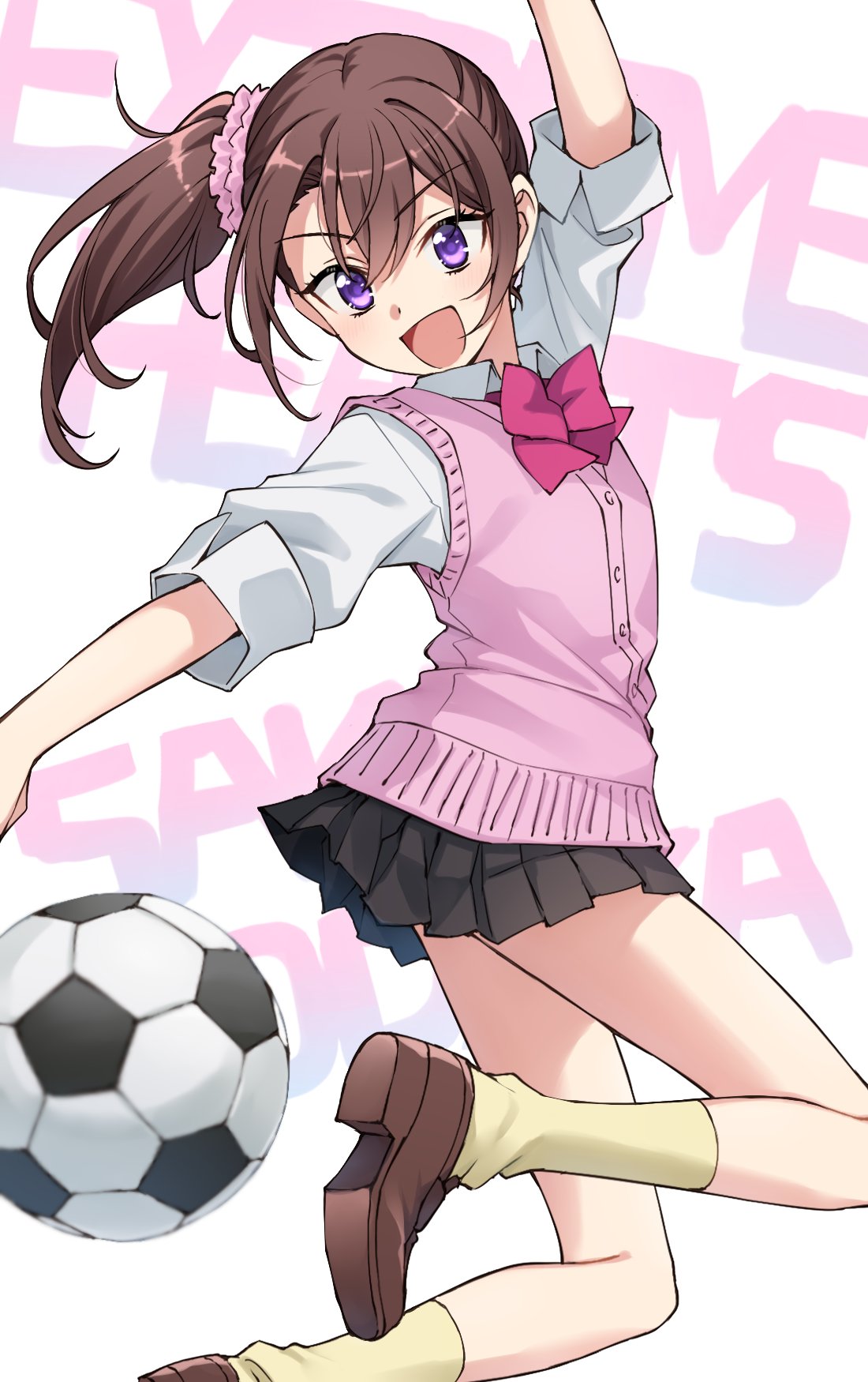 1girl arm_up background_text ball black_skirt bow bowtie brown_footwear brown_hair commentary extreme_hearts hair_between_eyes hair_ornament hair_scrunchie highres jumping kodaka_saki legs long_hair long_sleeves looking_at_viewer miniskirt open_mouth outstretched_arm pink_bow pink_bowtie pink_scrunchie pink_vest pleated_skirt scrunchie shirt shoes side_ponytail sidelocks skirt smile soccer_ball socks solo somechime_(sometime1209) thighs v-shaped_eyebrows vest violet_eyes white_background white_shirt wing_collar yellow_socks