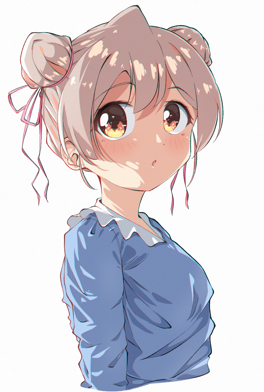 1girl blue_shirt brown_eyes commentary double_bun grey_hair hair_between_eyes hair_bun hair_ribbon highres light_blush long_sleeves looking_at_viewer onii-chan_wa_oshimai! open_mouth oyama_mahiro pink_ribbon ribbon shirt simple_background solo white_background yairo_ju