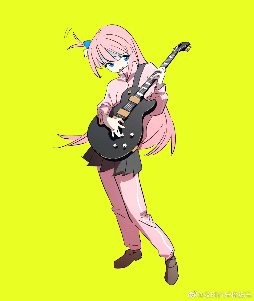 1girl blue_eyes bocchi_the_rock! brown_footwear cube_hair_ornament electric_guitar full_body gibson_les_paul gotou_hitori grey_skirt guitar hair_ornament highres holding holding_instrument instrument jacket jishi_xingle_cheng_zhi_xiong loafers long_hair looking_at_object music nervous one_side_up open_mouth pants pants_under_skirt pink_hair pink_jacket pink_pants playing_instrument pleated_skirt shoes simple_background skirt solo standing track_jacket track_pants yellow_background