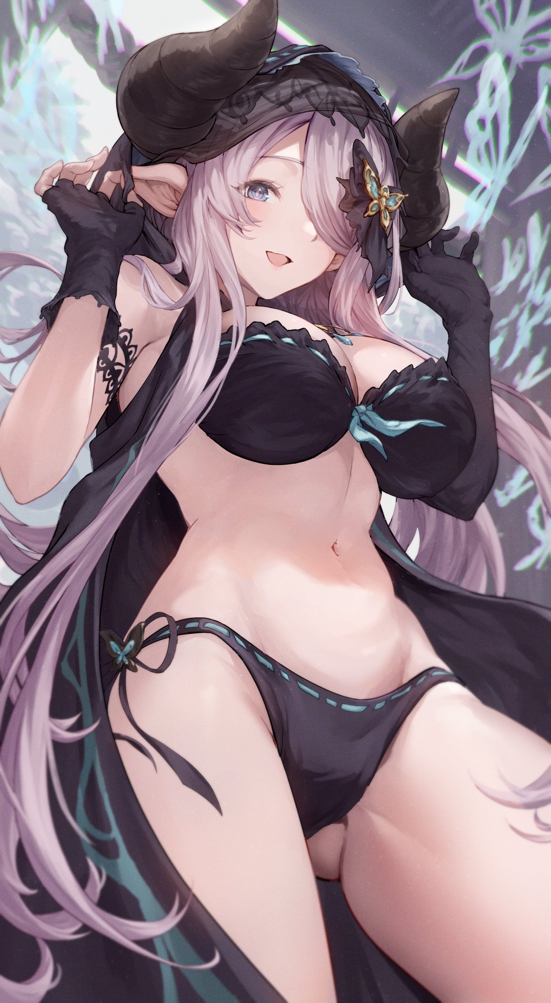 1girl asymmetrical_gloves black_panties blacktail_hihi breasts commission demon_horns draph gloves granblue_fantasy hair_ornament hair_over_one_eye highres horns large_breasts light_purple_hair narmaya_(granblue_fantasy) panties pointy_ears skeb_commission underwear uneven_gloves