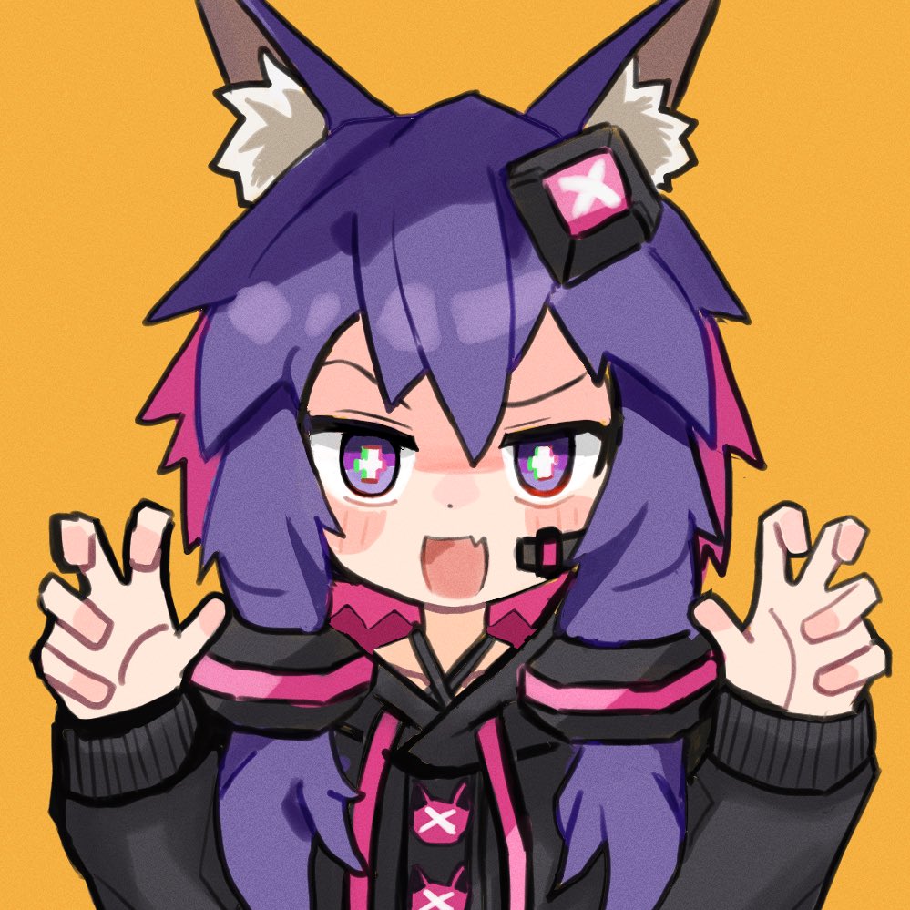 1girl animal_ear_fluff animal_ears black_hoodie blush_stickers cat_ears chromatic_aberration claw_pose colored_inner_hair commentary_request cross-shaped_pupils dot_nose drawstring fang film_grain hair_ornament hands_up hood hoodie kemonomimi_mode lack7of7sleep4 long_sleeves multicolored_hair open_mouth pink_hair pink_hoodie purple_hair raised_eyebrow short_hair_with_long_locks simple_background skin_fang smile solo symbol-shaped_pupils two-tone_hoodie violet_eyes vocaloid voiceroid yellow_background yuzuki_yukari