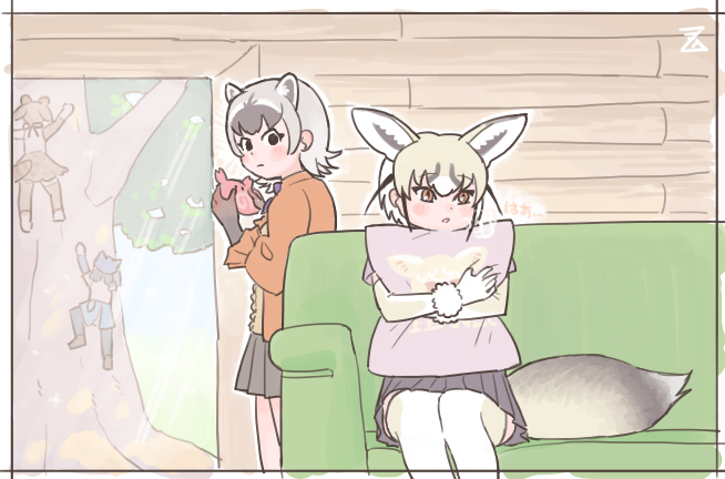 4girls animal_ears black_skirt blonde_hair bow bowtie climbing_tree crab-eating_raccoon_(kemono_friends) elbow_gloves extra_ears food fox_ears fox_girl fox_tail frilled_sleeves frills gloves grey_gloves grey_hair hair_between_eyes hikari_(kemono_friends) imnim_leef jacket japari_bun japari_symbol kemono_friends kemono_friends_3 large-spotted_genet_(kemono_friends) multicolored_hair multiple_girls object_hug orange_eyes orange_jacket pillow pillow_hug pleated_skirt puffy_sleeves purple_bow purple_bowtie raccoon_ears raccoon_girl raccoon_tail rueppell's_fox_(kemono_friends) short_hair skirt tail thigh-highs white_thighhighs yellow_gloves zettai_ryouiki