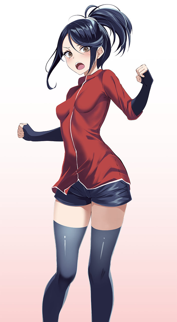 1girl ace_trainer_(pokemon) black_hair black_shorts breasts breasts_apart brown_eyes clenched_hands d: floating_hair grey_thighhighs hair_between_eyes highres jacket long_hair long_sleeves looking_at_viewer open_mouth pokemon pokemon_(game) pokemon_hgss ponytail red_jacket short_shorts shorts simple_background small_breasts solo standing thigh-highs tsukishiro_saika white_background zettai_ryouiki