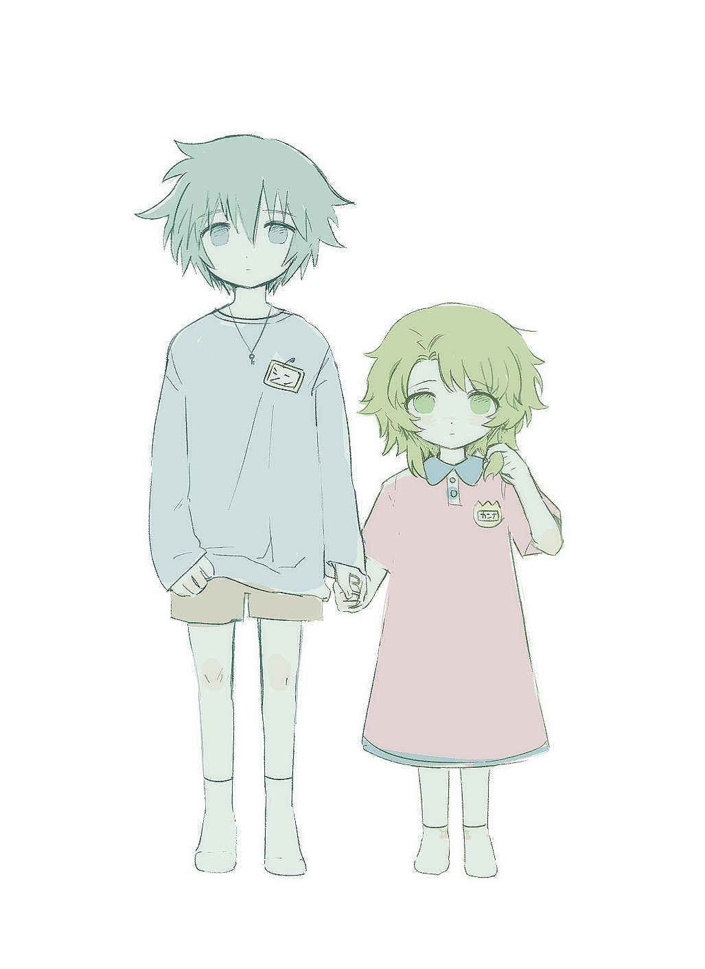 1boy 1girl aqua_eyes aqua_hair arms_at_sides blue_shirt brother_and_sister brown_shorts child closed_mouth collared_dress dot_nose dress green_eyes green_hair hands_up highres hiyori_sou jewelry k_(@user-js5uc1lm8x) key_necklace kimi_ga_shine kizuchi_kanna long_sleeves name_tag necklace pink_dress shirt short_hair short_sleeves shorts siblings simple_background socks spiky_hair standing straight-on very_short_hair white_background white_socks