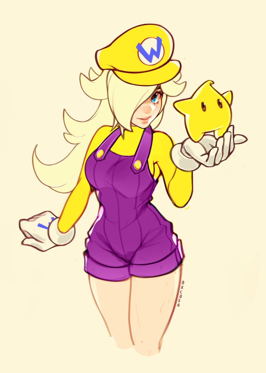 1girl artist_name blue_eyes breasts cosplay cropped_legs gloves hair_over_one_eye hand_up highres holding large_breasts long_hair overall_shorts overalls oxcoxa purple_overalls rosalina shirt simple_background solo star_(symbol) super_mario_bros. super_mario_galaxy wario wario_(cosplay) white_gloves yellow_headwear yellow_shirt