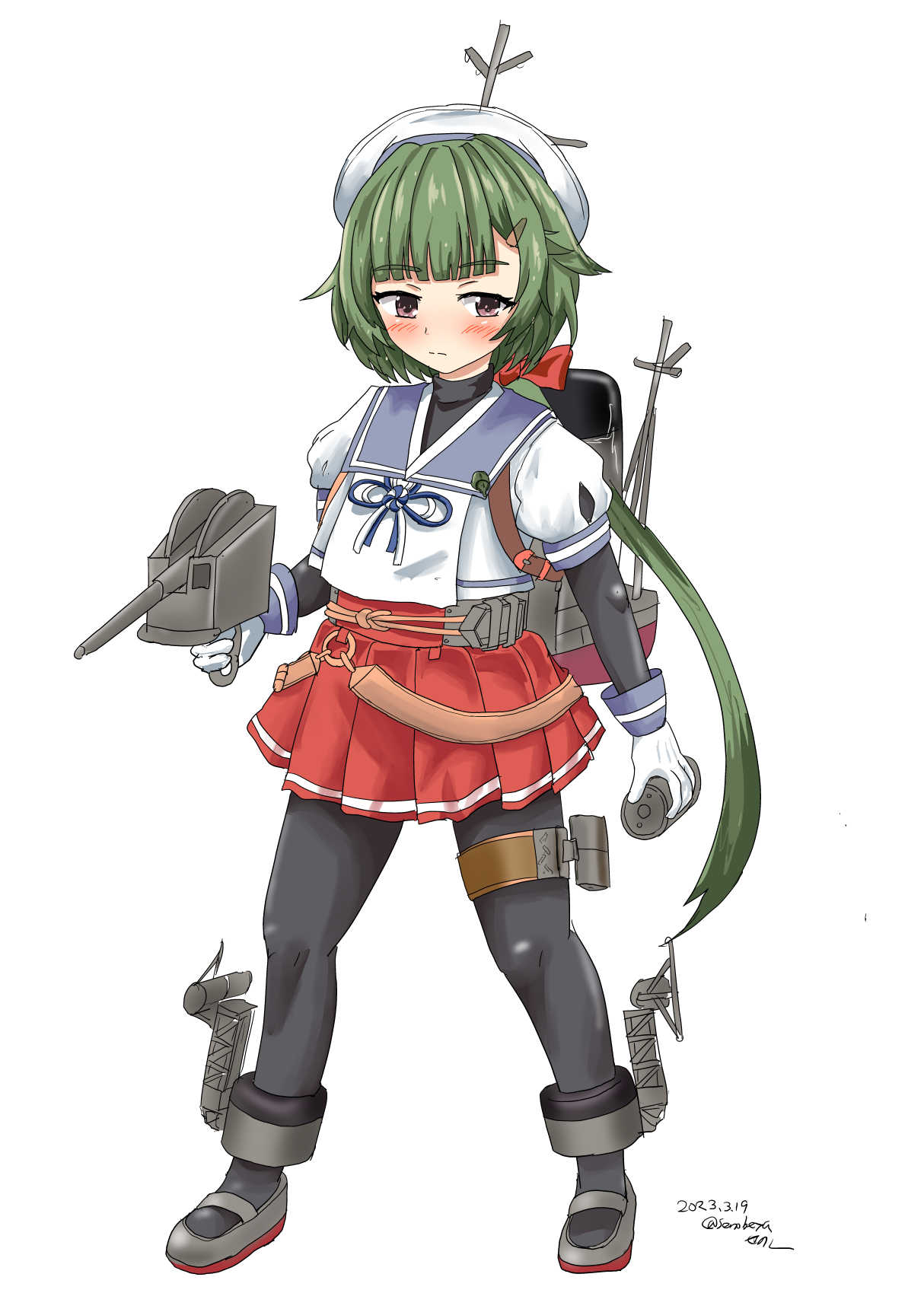 1girl adapted_turret black_pantyhose blue_sailor_collar brown_eyes cannon commentary_request depth_charge full_body gloves green_hair hat highres kantai_collection layered_sleeves long_hair long_sleeves low_ponytail machinery noumi_(kancolle) pantyhose pleated_skirt puffy_short_sleeves puffy_sleeves red_skirt sailor_collar sailor_hat sailor_shirt senon shirt short_over_long_sleeves short_sleeves simple_background skirt solo thigh_strap turret undershirt white_background white_gloves white_headwear white_shirt