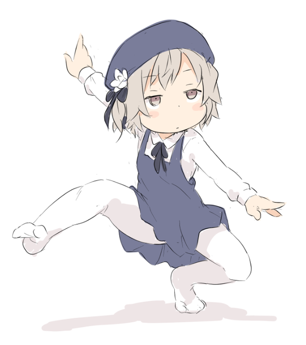 1girl beret black_ribbon blue_dress blue_headwear collared_shirt dress female_child flower full_body grey_eyes grey_hair ham_(points) hat hat_flower hat_ribbon hatoba_tsugu leg_up long_sleeves neck_ribbon outstretched_arms pantyhose pinafore_dress ribbon shadow shirt short_dress short_hair simple_background solo spread_arms tsugu_(vtuber) virtual_youtuber white_background white_flower white_pantyhose white_shirt