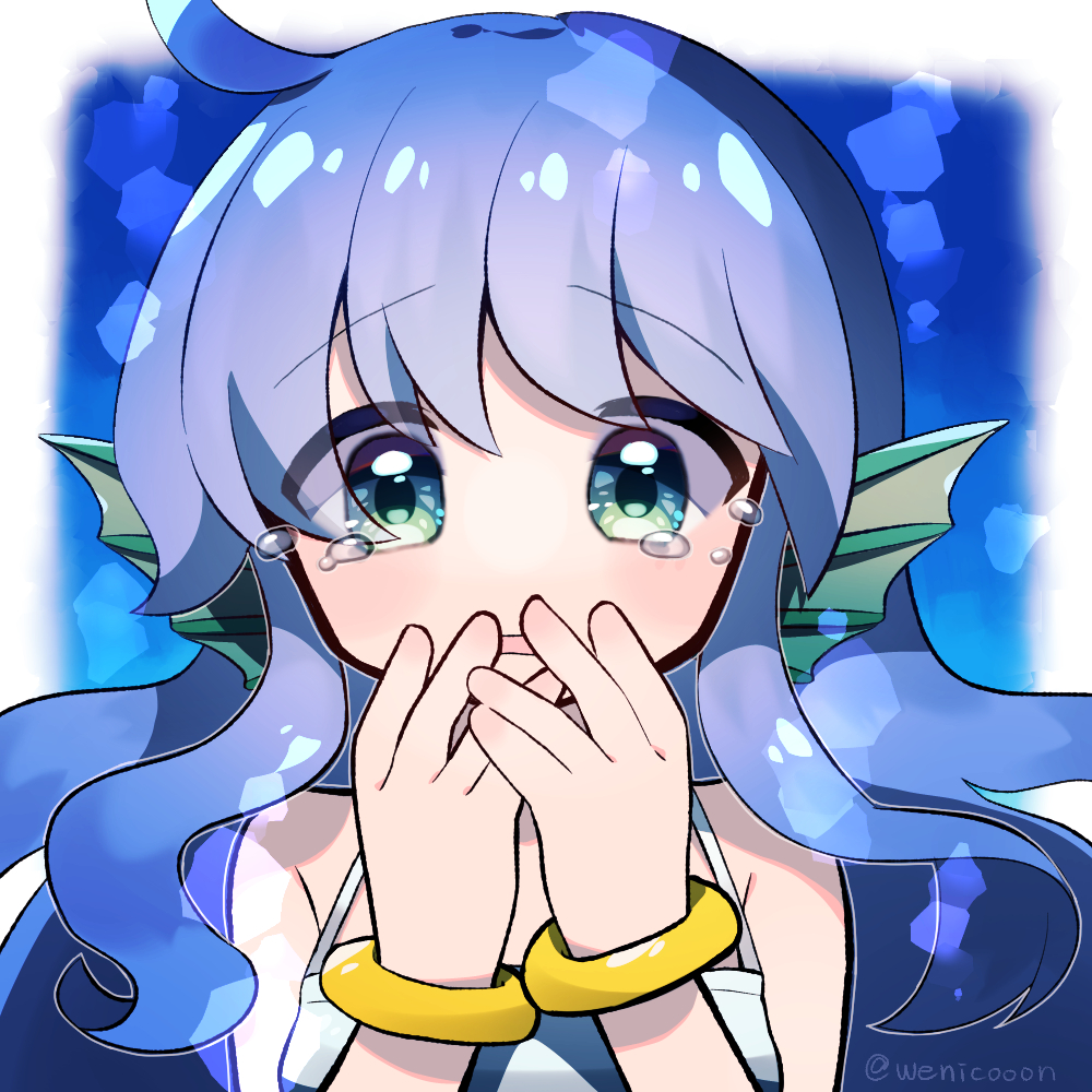 1girl blue_background blue_eyes bracelet covering_mouth crying crying_with_eyes_open head_fins jewelry long_hair looking_at_viewer madou_monogatari puyopuyo serilly_(puyopuyo) solo tears wenicon_0410