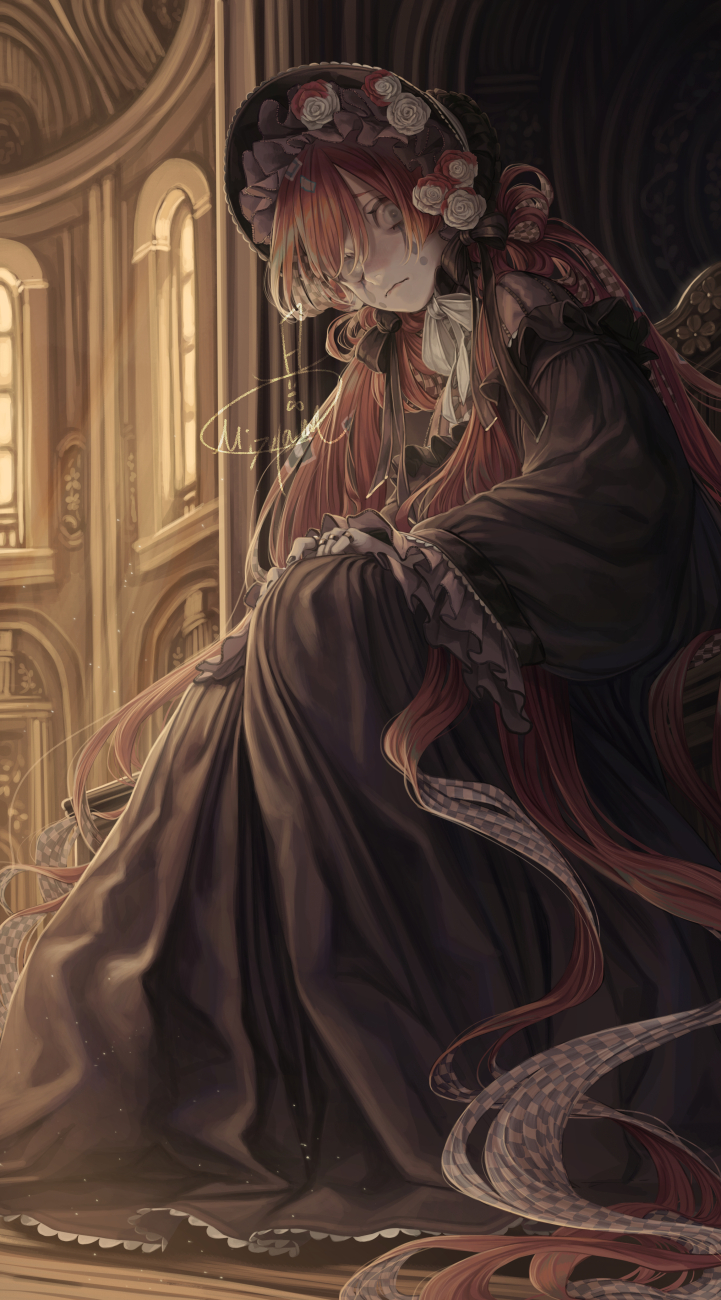 1girl black_dress black_headwear bonnet brown_hair dress facial_mark flower frown gothic_lolita grey_eyes highres indoors jewelry lolita_fashion long_hair looking_at_viewer mizutame_tori multiple_rings original ring sitting very_long_hair