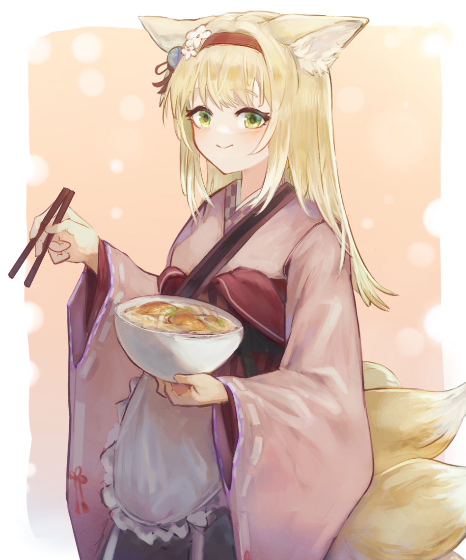 1girl aiv animal_ear_fluff animal_ears apron arknights black_hakama blonde_hair bowl checkered_clothes chopsticks closed_mouth commentary_request flower food fox_ears fox_girl fox_tail frilled_apron frills green_eyes hair_flower hair_ornament hairband hakama hakama_skirt holding holding_bowl holding_chopsticks japanese_clothes kimono kitsune long_hair looking_at_viewer obi pink_kimono red_hairband sash skirt smile solo suzuran_(arknights) suzuran_(yukibare)_(arknights) tail waist_apron white_apron white_flower