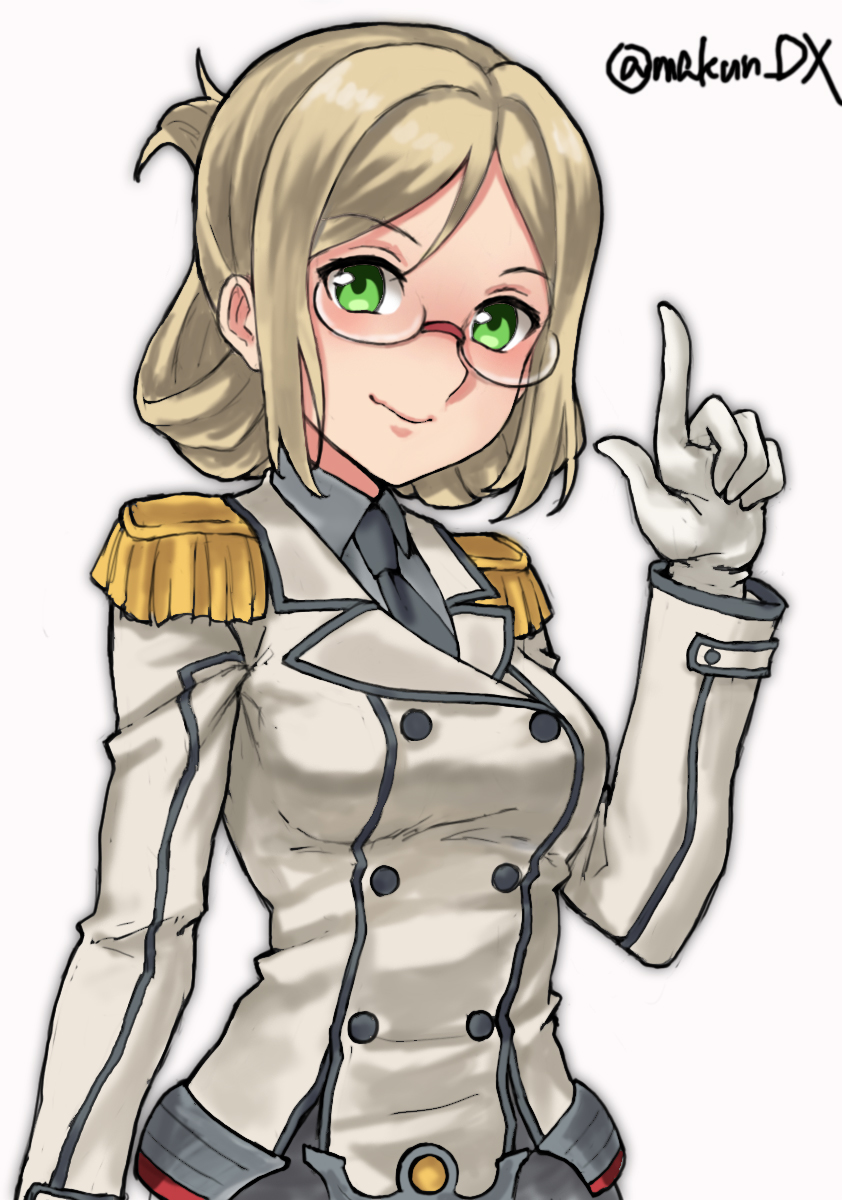 1girl breasts buttons collared_shirt double-breasted epaulettes folded_ponytail glasses gloves green_eyes grey_shirt highres index_finger_raised jacket kantai_collection katori_(kancolle) light_brown_hair long_hair looking_at_viewer maakun_(makun_dx) medium_breasts military military_uniform one-hour_drawing_challenge parted_bangs shirt simple_background solo twitter_username uniform upper_body white_background white_gloves