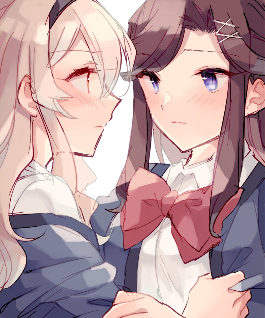 2girls black_hairband blonde_hair blue_eyes blush bow bowtie brown_hair closed_mouth clothes_grab collared_shirt eye_contact face-to-face grey_jacket hair_between_eyes hair_ornament hairband hand_on_another's_arm hand_up jacket jacket_grab long_hair looking_at_another multiple_girls off_shoulder open_clothes open_jacket parted_bangs profile red_bow red_bowtie red_eyes saijou_claudine school_uniform seishou_music_academy_uniform shirt shoujo_kageki_revue_starlight sidelocks simple_background sketch tendou_maya upper_body wato_(ko) white_background white_shirt x_hair_ornament yuri