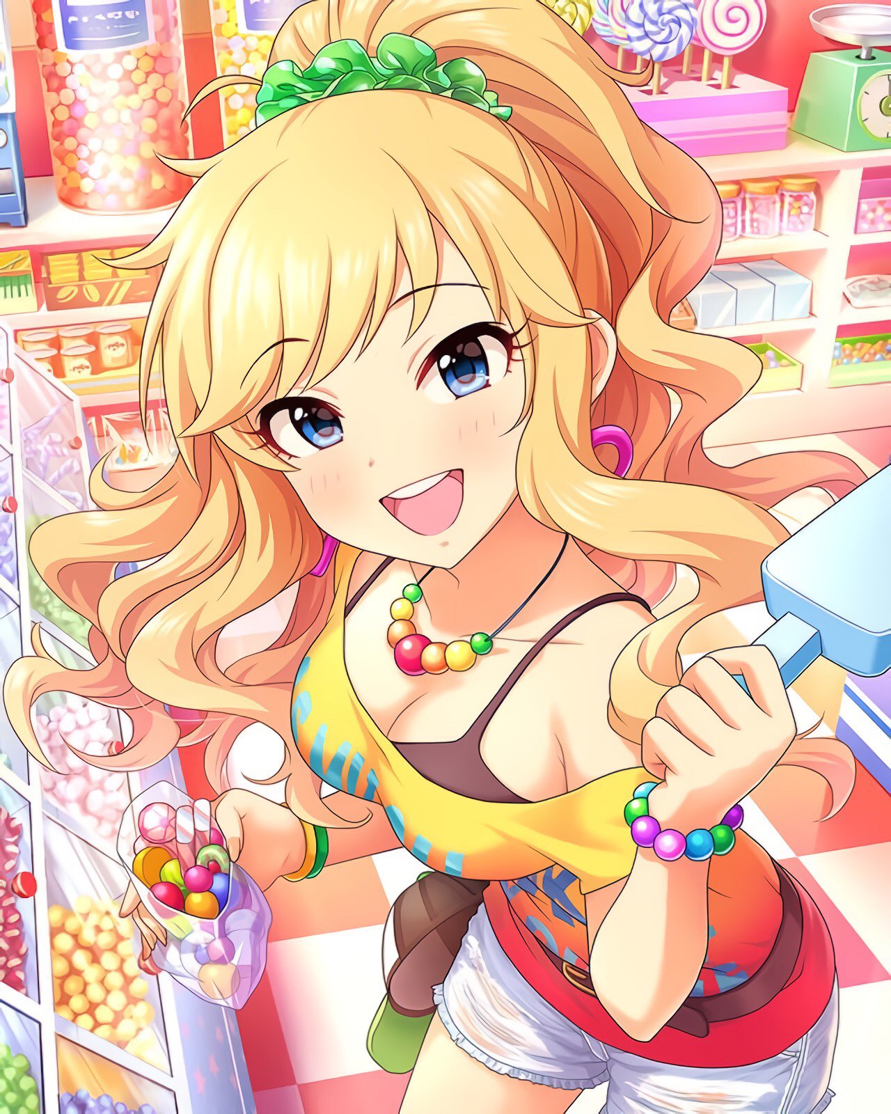 bare_legs bead_necklace beads belt blonde_hair blue_eyes breasts candy candy_jar candy_store display_case food highres holding holding_candy holding_food holding_lollipop idolmaster idolmaster_cinderella_girls idolmaster_cinderella_girls_starlight_stage jewelry label large_breasts lollipop long_hair necklace ohtsuki_yui open_clothes open_shirt shop short_sleeves shorts weighing_scale