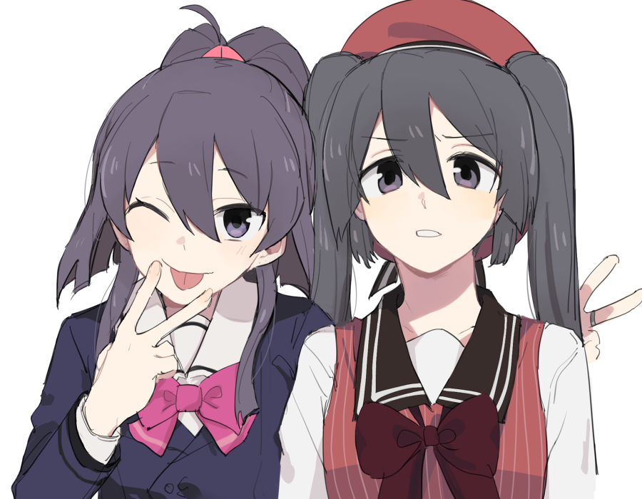 2girls ;p aika_himena an_sin annoyed arms_at_sides beret blazer blunt_ends bow bowtie brown_bow brown_bowtie buttons double_v furrowed_brow grey_hair hair_between_eyes half_updo hat jacket jewelry kamihama_future_academy_school_uniform long_sleeves looking_at_viewer magia_record:_mahou_shoujo_madoka_magica_gaiden mahou_shoujo_madoka_magica multiple_girls one_eye_closed pink_bow pink_bowtie purple_hair purple_jacket red_headwear red_vest ring school_uniform shirt short_hair sidelocks simple_background smile striped striped_vest tokime_shizuka tongue tongue_out twintails upper_body v vertical-striped_vest vertical_stripes vest violet_eyes white_background white_shirt wing_collar