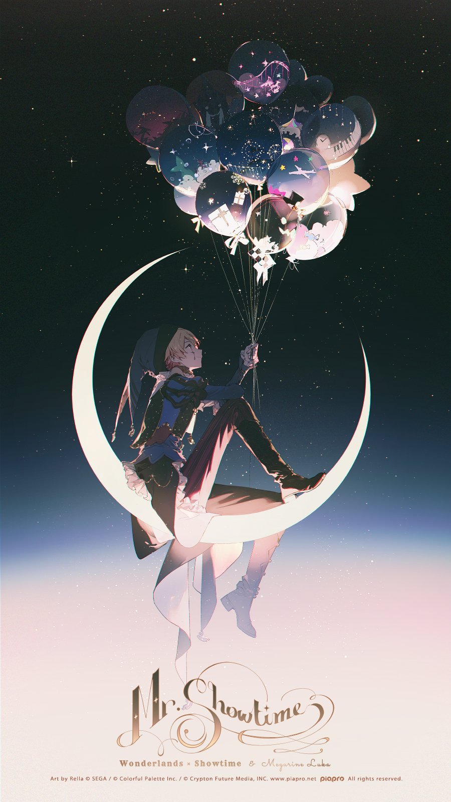 1boy artist_name balloon blonde_hair boots company_name copyright crescent_moon facial_mark formal frilled_sleeves frills from_side group_name hat high_heels highres holding holding_balloon jester jester_cap juliet_sleeves knee_boots knee_up light_smile long_sleeves looking_up male_focus moon mr._showtime_(vocaloid) on_crescent pants profile project_sekai puffy_sleeves rella short_hair sitting solo song_name star_balloon striped striped_pants ten_no_hate_no_phoenix_e_(project_sekai) tenma_tsukasa vertical-striped_pants vertical_stripes