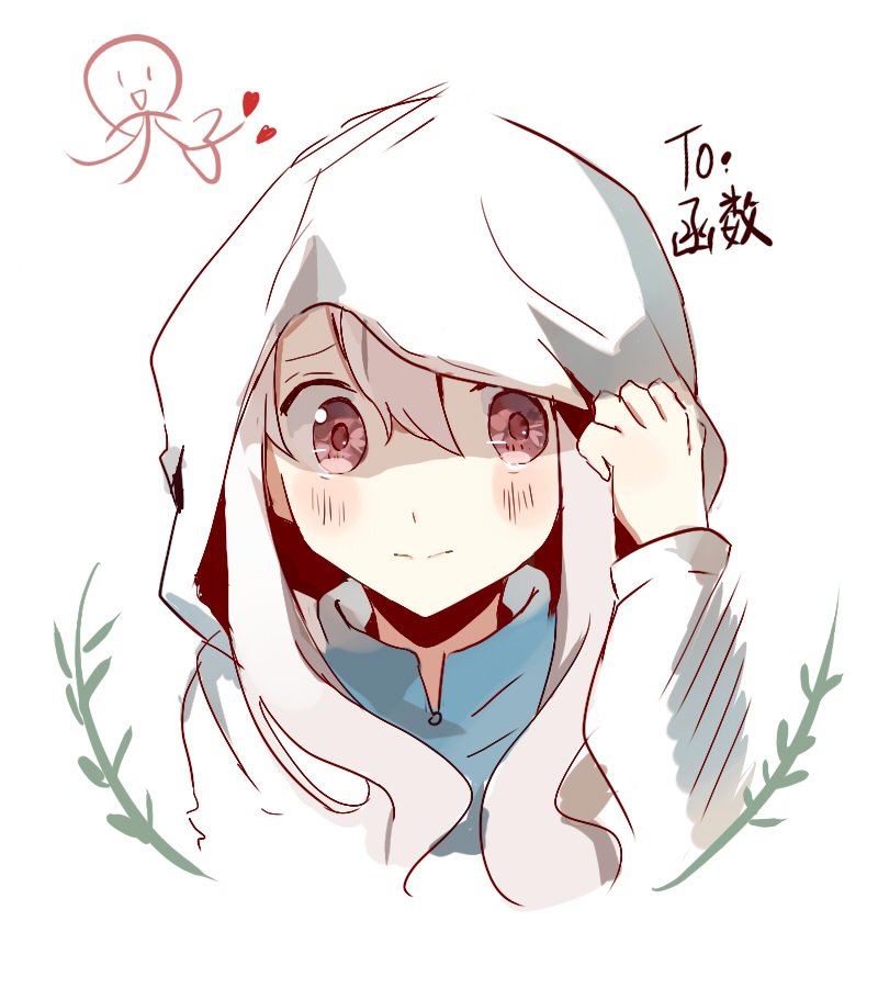 1girl adjusting_hood blue_dress blush chinese_text closed_mouth collared_dress commentary_request cropped_torso dress english_text hair_between_eyes hair_over_shoulder hand_up heart hood hood_up hoodie kagerou_project kozakura_marry long_hair long_sleeves looking_at_viewer mekakucity_actors otorigg pink_eyes shaded_face simple_background sketch smile solo stick_figure upper_body wavy_hair white_background white_hair white_hoodie