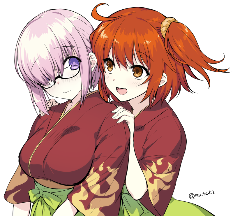 2girls :d ahoge blush breasts closed_mouth commentary_request eye_contact fate/grand_order fate_(series) flame_print fujimaru_ritsuka_(female) glasses hair_ornament hair_over_one_eye hair_scrunchie hands_on_another's_shoulders japanese_clothes kimono large_breasts light_purple_hair looking_at_another mash_kyrielight multiple_girls muutsuki one_side_up open_mouth orange_eyes orange_hair red_kimono scrunchie semi-rimless_eyewear short_hair short_sleeves simple_background smile twitter_username under-rim_eyewear upper_body violet_eyes wavy_mouth white_background yuri