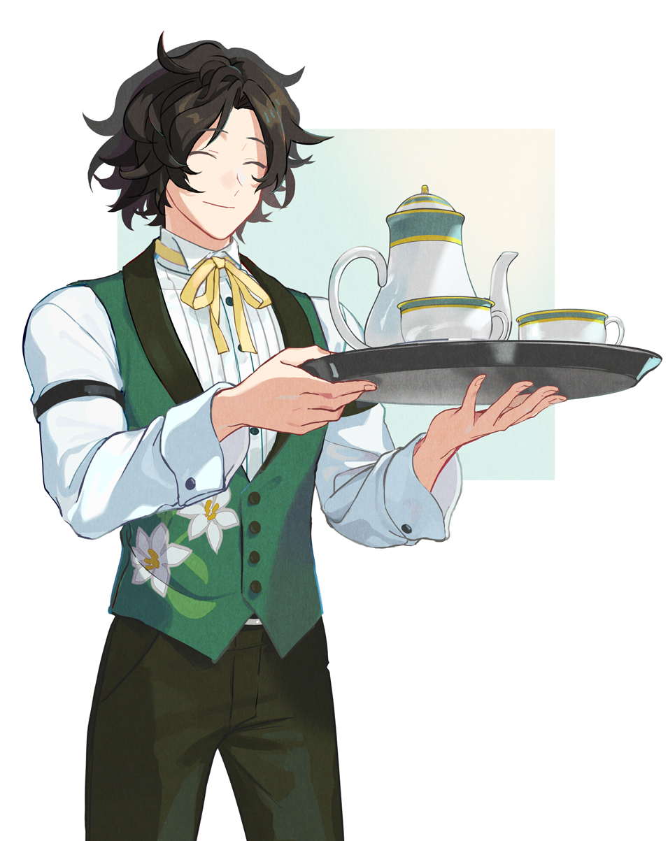 1boy ^_^ black_hair black_pants closed_eyes commentary_request cowboy_shot cup fire_emblem fire_emblem_engage floral_print green_vest highres holding holding_tray louis_(fire_emblem) male_focus mikami neck_ribbon pants ribbon shirt short_hair smile solo standing teacup teapot tray vest white_shirt yellow_ribbon