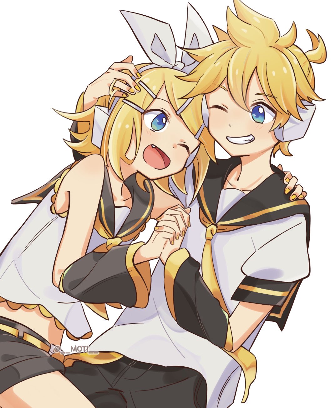1boy 1girl ;d aqua_eyes black_pants blonde_hair brother_and_sister collared_shirt detached_sleeves fang head_grab headphones highres holding_hands kagamine_len kagamine_rin looking_at_another m0ti midriff necktie one_eye_closed open_mouth pants sailor_collar shirt short_hair short_sleeves siblings signature simple_background sleeveless smile teeth twins vocaloid white_background yellow_nails yellow_necktie