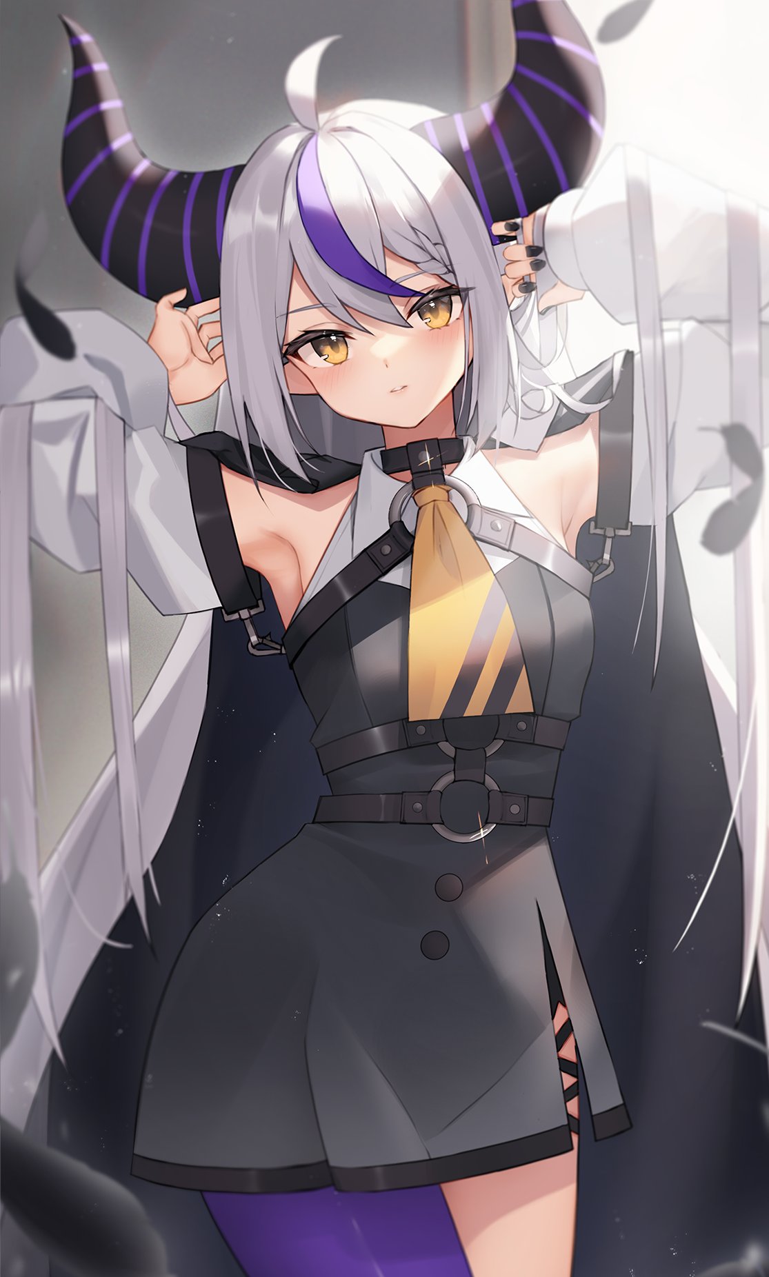 1girl ahoge armpits arms_up ascot asymmetrical_hair belt black_belt black_choker black_dress black_nails blush braid breasts chest_strap choker coat commentary contrapposto cowboy_shot demon_horns dress expressionless french_braid glint grey_hair hair_between_eyes highres hololive horns la+_darknesss long_hair looking_at_viewer multicolored_hair multiple_belts nail_polish o-ring open_clothes open_coat pantyhose parted_lips purple_hair purple_pantyhose single_braid single_leg_pantyhose small_breasts solo standing striped_horns taut_clothes taut_dress thomas_8000 two-tone_hair very_long_hair virtual_youtuber white_coat wing_collar yellow_ascot yellow_eyes