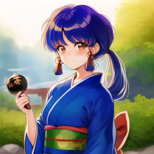 1girl ai-generated blue_hair blush breasts brown_eyes character_name closed embarrassed japanese_clothes kimono kuonji_shizuri light long_hair low_ponytail medium_breasts mikhaz non-web_source school smile