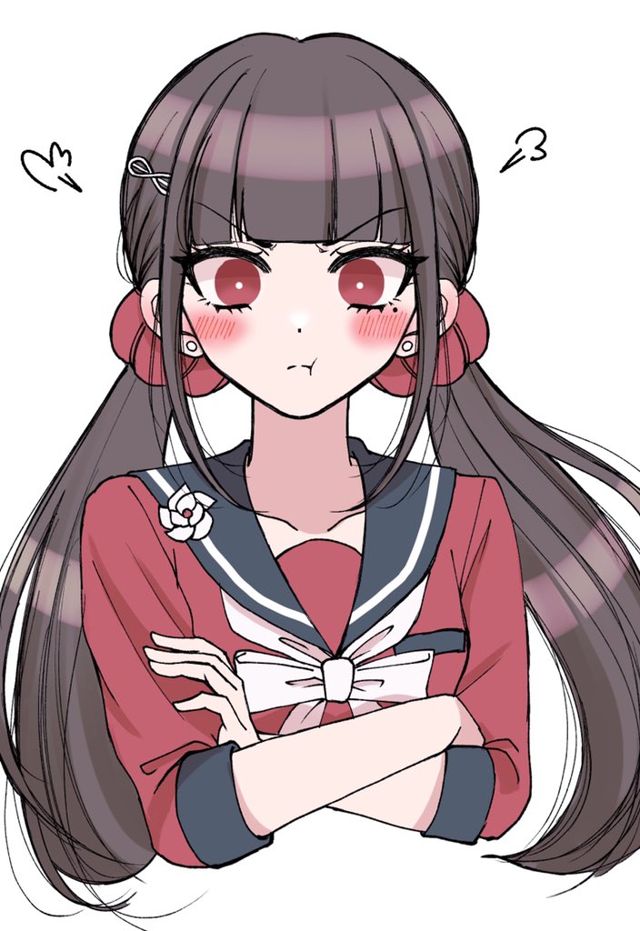 1girl black_sailor_collar blunt_bangs blush bow bowtie breast_pocket breasts closed_mouth cropped_torso danganronpa_(series) danganronpa_v3:_killing_harmony earrings frown grey_background hair_ornament hair_scrunchie hairclip harukawa_maki jewelry long_hair long_sleeves mole mole_under_eye pocket pout red_eyes red_scrunchie red_shirt sailor_collar satori_(aosky9077) scrunchie shirt simple_background small_breasts solo twintails white_bow white_bowtie