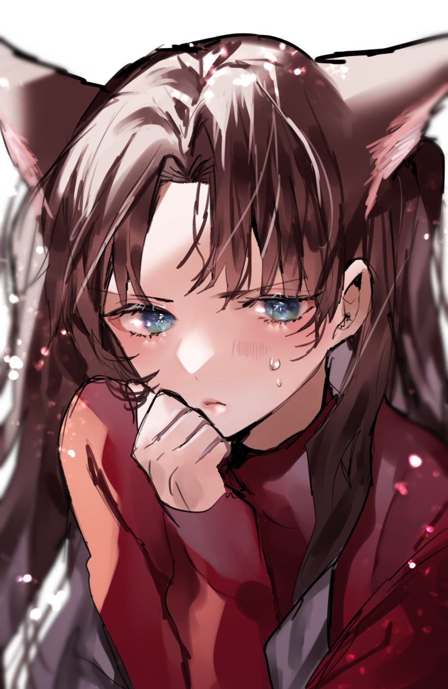 1girl animal_ears blue_eyes blush brown_hair closed_mouth dog_ears fate/stay_night fate_(series) hand_to_head highres long_hair long_sleeves looking_at_viewer red_shirt shimatori_(sanyyyy) shirt simple_background sweat tohsaka_rin twintails white_background