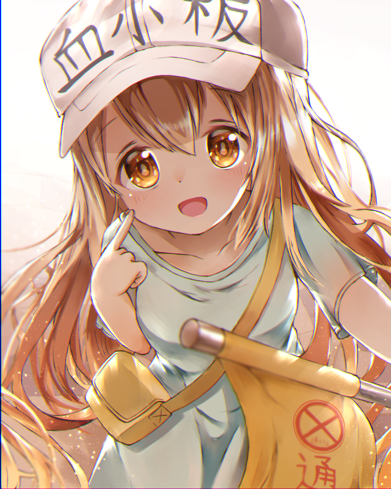 1girl blue_shirt child flag hat hat_writing hataraku_saibou holding holding_flag loli oversized_clothes platelet_(hataraku_saibou) rila_yuri shirt white_headwear