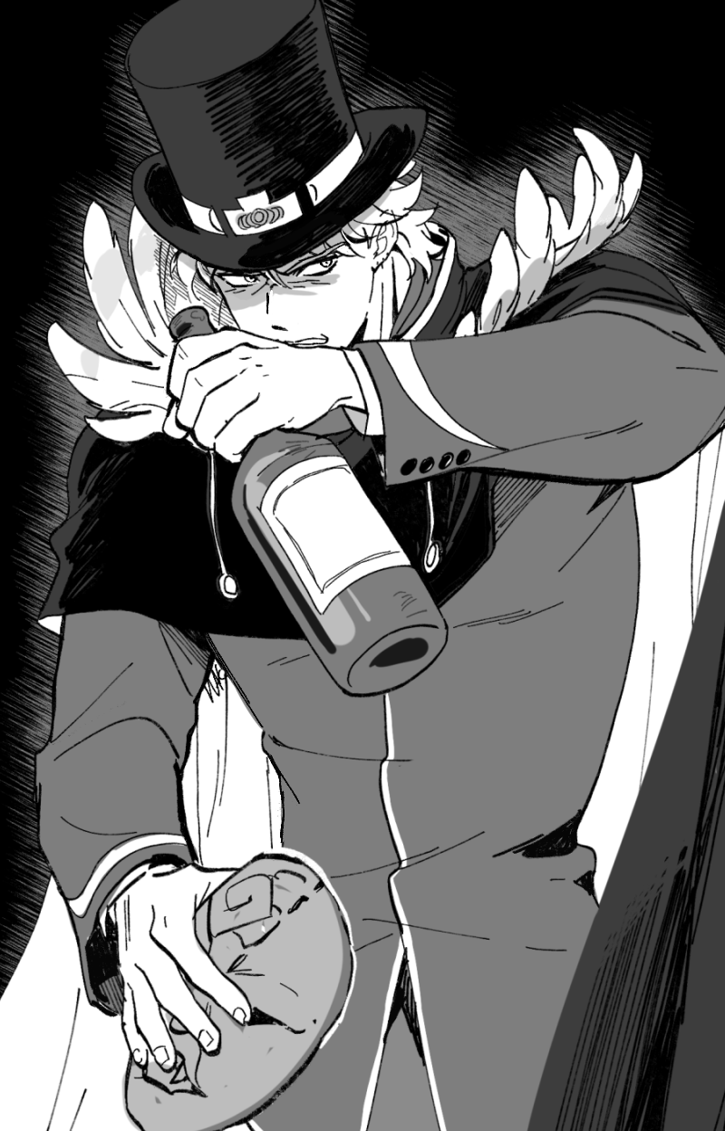 1boy bottle cape dio_brando feathers greyscale hakmonss hat highres holding holding_bottle holding_mask jojo_no_kimyou_na_bouken male_focus mask monochrome phantom_blood solo stone_mask_(jojo) top_hat wine_bottle wiping_face