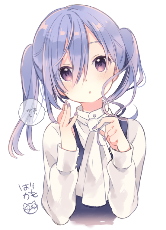 1girl :o ascot blue_dress blush collared_shirt cropped_torso dot_nose dress eyes_visible_through_hair hair_between_eyes hands_up harikamo head_tilt long_sleeves looking_at_viewer medium_hair nijou_omi parted_lips pinafore_dress playing_with_own_hair purple_hair purple_nails shirt sidelocks signature simple_background solo speech_bubble twintails urara_meirochou violet_eyes white_ascot white_background white_shirt
