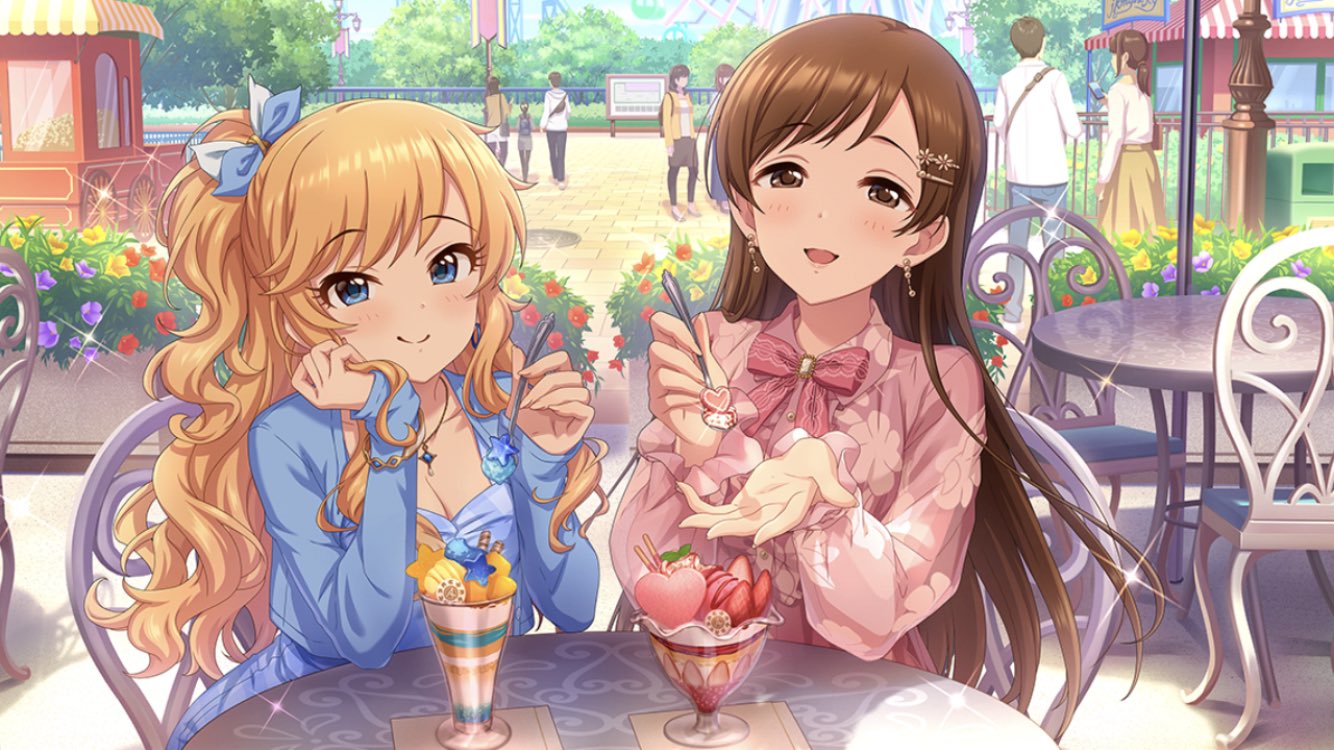 2girls blonde_hair blue_hair booths brown_eyes brown_hair chair faceless faceless_female flower idolmaster idolmaster_cinderella_girls idolmaster_cinderella_girls_starlight_stage lamppost multiple_girls nitta_minami ohtsuki_yui park people rose_bush smile table tree