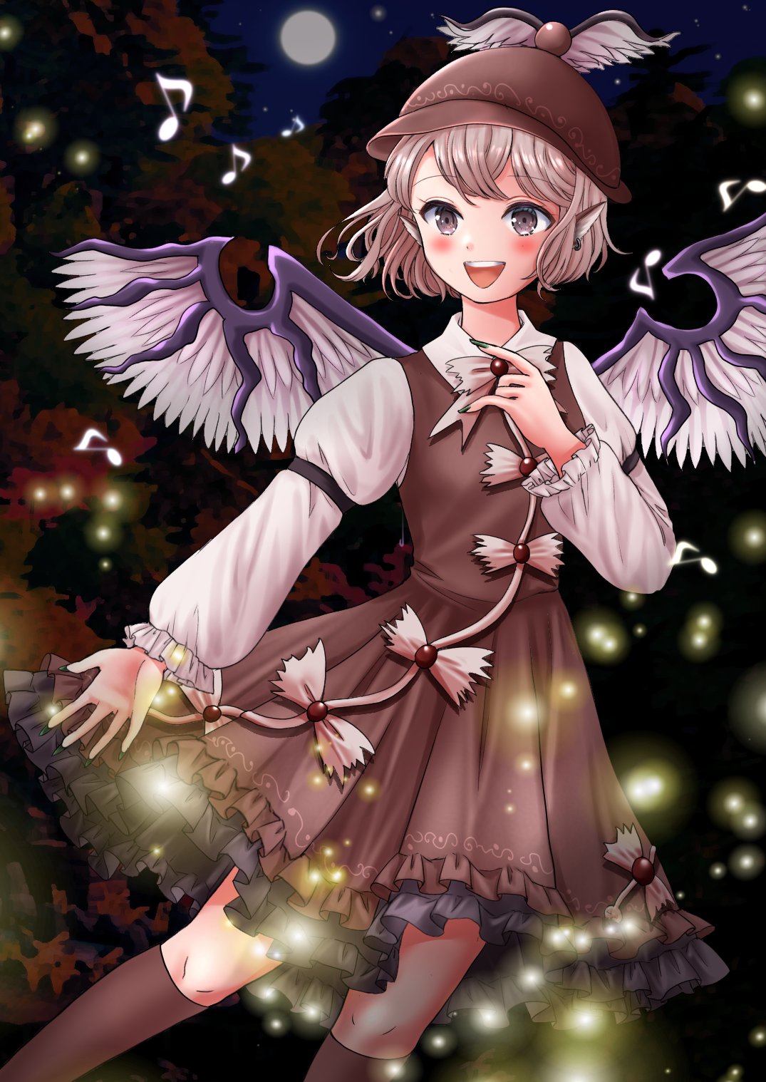 1girl animal_ears bird_ears bird_wings blush brown_dress brown_headwear brown_socks dress eighth_note feet_out_of_frame fingernails frilled_dress frilled_sleeves frills green_nails grey_eyes hat highres kneehighs kyabekko long_fingernails long_sleeves musical_note mystia_lorelei nail_polish open_mouth pink_hair short_hair sleeve_garter smile socks solo teeth touhou upper_teeth_only white_wings winged_hat wings