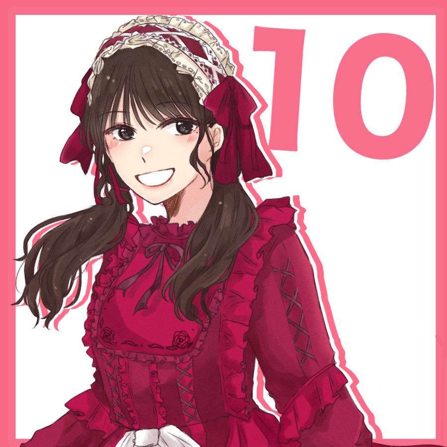 1girl :d arms_at_sides border bow bow_hairband brown_eyes brown_hair brown_ribbon commentary countdown cross-laced_clothes cross-laced_sleeves dress floral_print frilled_dress frills grin hair_bow hairband ishii_haruna light_blush lolita_hairband long_hair long_sleeves looking_at_viewer low_twintails mole mole_under_eye neck_ribbon nigari_(ngari_0115) outside_border pink_border print_dress real_life red_bow red_dress ribbon rose_print simple_background smile solo twintails upper_body voice_actor_connection white_background