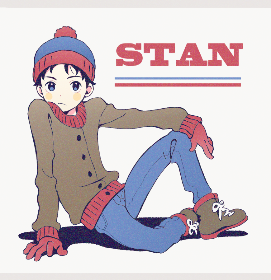 1boy animification beanie black_hair blue_eyes blue_pants brown_footwear character_name gloves gonta_(yu37av) hat long_sleeves male_focus pants red_gloves shoelaces shoes solo south_park stan_marsh