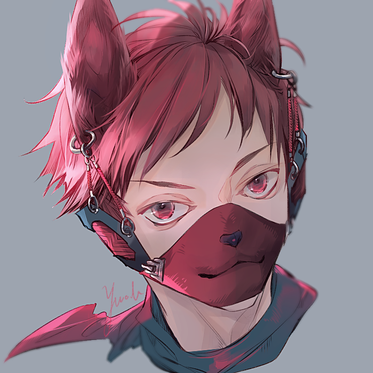 1boy animal_ears ear_piercing grey_background looking_at_viewer male_focus mask mouth_mask nemumi_no_sora original piercing portrait red_eyes redhead short_hair simple_background solo