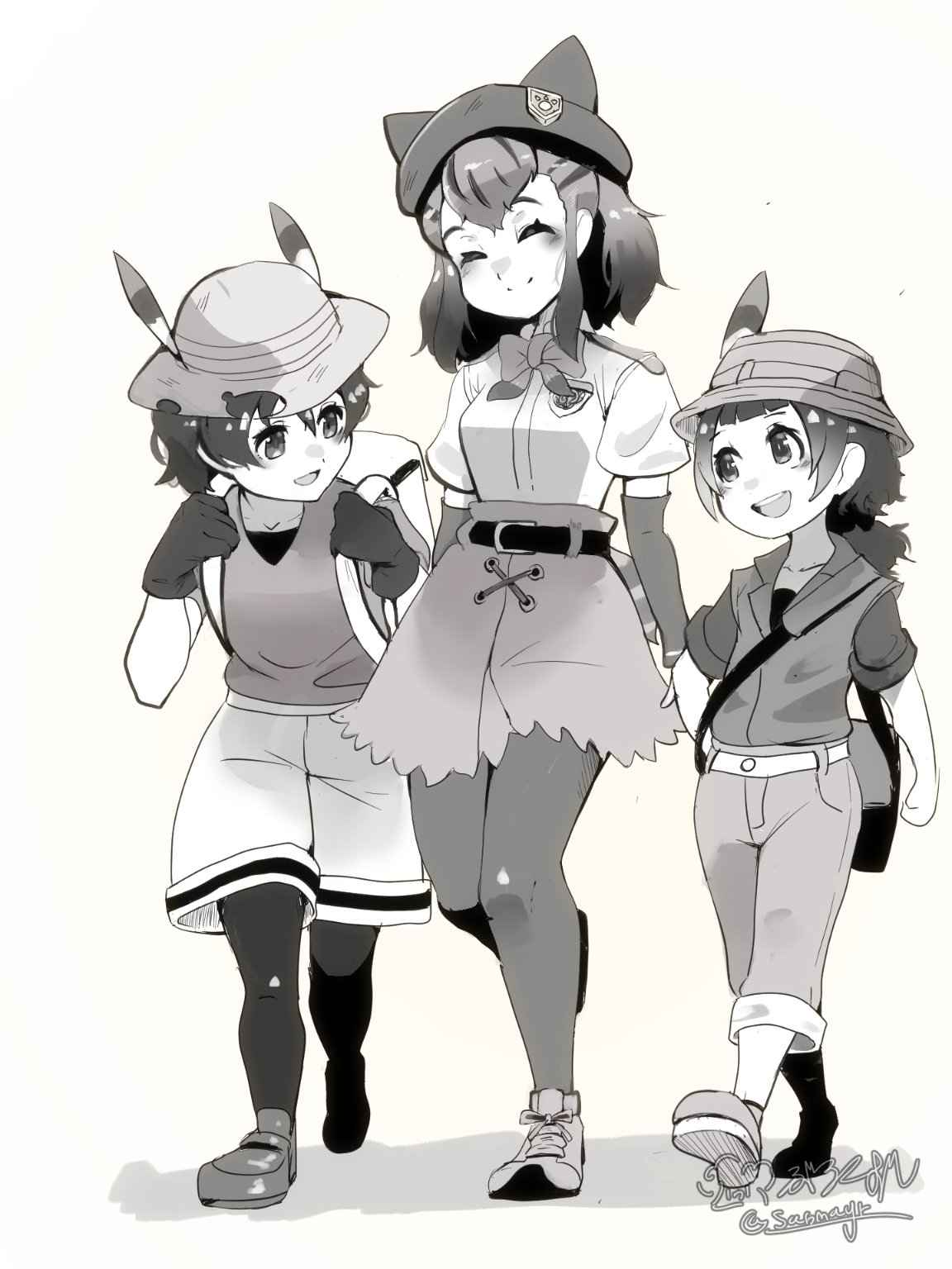 1boy 2girls :d androgynous animal_ear_headwear arms_at_sides backpack bag belt black_gloves bow bowtie closed_eyes closed_mouth collarbone detached_sleeves full_body gloves greyscale hands_up hat hat_feather height_difference helmet high-waist_skirt highres kemono_friends kemono_friends_2 kemono_friends_3 kyururu_(kemono_friends) leaning_forward long_hair looking_at_another low_ponytail medium_hair miniskirt monochrome multiple_girls open_mouth pants pantyhose pantyhose_under_shorts pith_helmet ponytail riri_(dgra3272) shirt shoes short_sleeves shorts shoulder_bag side-by-side sidelocks skirt smile tail translation_request vest walking