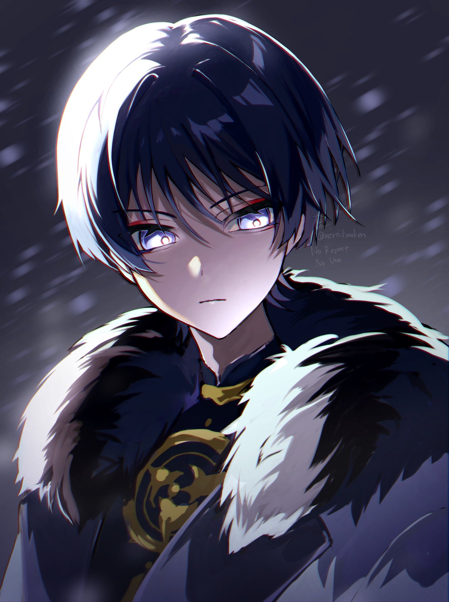 1boy artist_name black_hair black_shirt blunt_ends closed_mouth coat eyeshadow fur-trimmed_coat fur_trim genshin_impact gold_necklace gold_trim gradient_background grey_background hair_between_eyes highres jewelry long_sleeves looking_to_the_side makeup male_focus mandarin_collar mitsudomoe_(shape) necklace nero_hanken no_headwear open_clothes open_coat purple_coat red_eyeshadow scaramouche_(genshin_impact) shirt short_hair simple_background snowing solo tomoe_(symbol) v-shaped_eyebrows violet_eyes