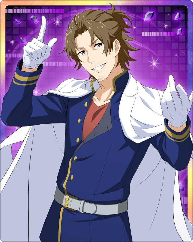 1boy belt brown_hair coat coat_on_shoulders facial_hair gloves goatee idolmaster idolmaster_side-m idolmaster_side-m_growing_stars index_finger_raised long_sleeves male_focus official_art smile teeth violet_eyes white_gloves yamashita_jiro