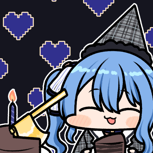 1girl birthday_cake blue_choker blue_eyes blue_hair blush cake chibi choker closed_eyes food hair_between_eyes hair_ribbon hat hololive hoshimachi_suisei jazz_jack lowres medium_hair open_mouth party_hat ribbon side_ponytail smile solo star_(symbol) star_choker virtual_youtuber white_ribbon