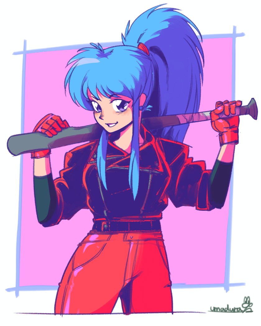 1girl baseball_bat blue_hair botan_(yu_yu_hakusho) breasts denim denim_jacket gloves jacket jeans long_hair looking_at_viewer pants ponytail red_gloves red_jacket smile solo umadura_ero violet_eyes yu_yu_hakusho