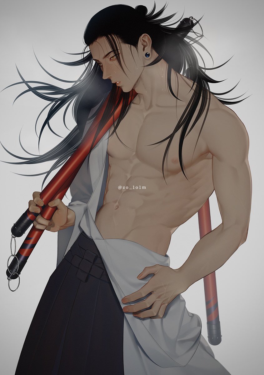 1boy abs black_hair black_pants collarbone cowboy_shot ear_piercing fingernails floating_hair getou_suguru grey_background hair_bun highres holding holding_weapon japanese_clothes jujutsu_kaisen kimono long_hair looking_away male_focus navel nipples open_clothes pants parted_lips piercing simple_background solo standing steam sweat sweatdrop twitter_username weapon yellow_eyes zo_1o1m