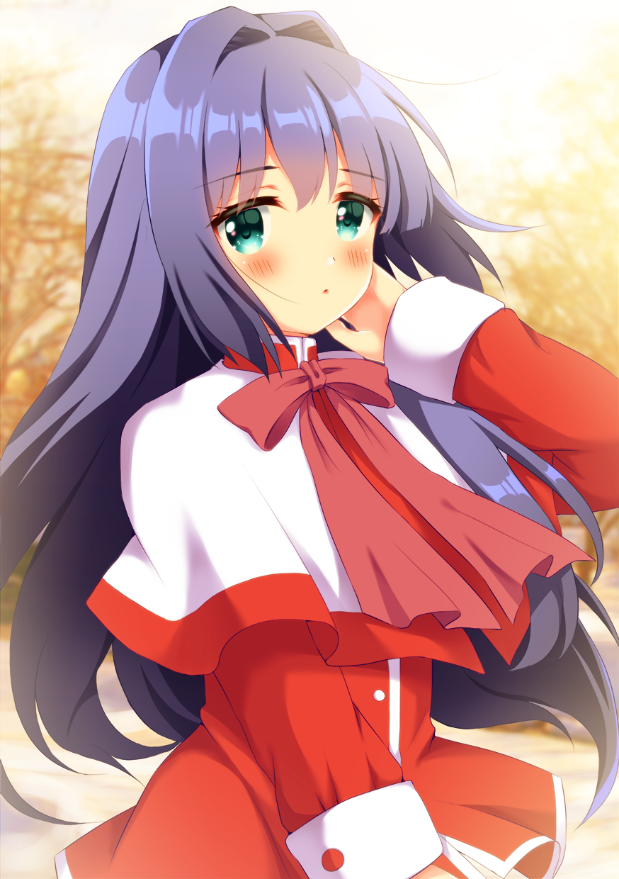 1girl bare_tree blue_hair blush bow bowtie capelet commentary dress green_eyes hair_intakes hand_in_own_hair highres kanon long_hair long_sleeves looking_at_viewer minase_nayuki outdoors pink_bow pink_bowtie red_dress solo tree upper_body white_capelet yoimatsuri_(ichimen_no)