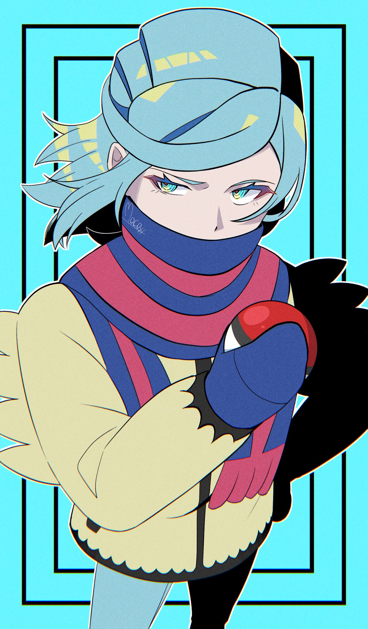 1boy aqua_background blue_mittens commentary eyelashes green_eyes grusha_(pokemon) hand_up highres holding holding_poke_ball jacket long_hair long_sleeves male_focus mocacoffee_1001 pants poke_ball poke_ball_(basic) pokemon pokemon_(game) pokemon_sv scarf scarf_over_mouth signature solo striped striped_scarf yellow_jacket