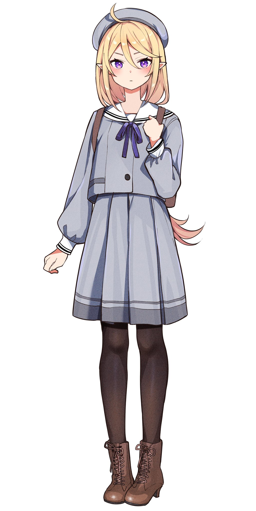 1girl ahoge ankle_boots arm_at_side beret blonde_hair boots brown_footwear brown_pantyhose closed_mouth cross-laced_footwear flat_chest full_body grey_headwear grey_shirt grey_skirt hand_up hat highres holding_strap kusumoto_touka long_hair looking_at_viewer medium_hair neck_ribbon original pantyhose pointy_ears purple_ribbon ribbon sailor_collar sailor_shirt school_uniform shirt simple_background skirt solo violet_eyes white_background white_sailor_collar