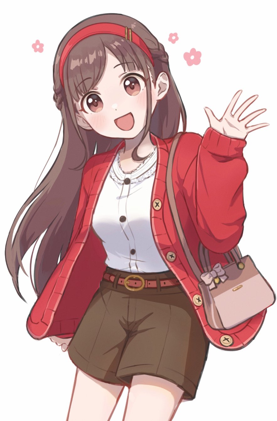 1girl 9rimochi :d bag belt blush braid brown_hair cardigan flower hairband hand_up highres idolmaster idolmaster_shiny_colors long_hair long_sleeves looking_at_viewer open_cardigan open_clothes open_mouth red_eyes shirt shorts shoulder_bag simple_background smile solo sonoda_chiyoko twin_braids white_background