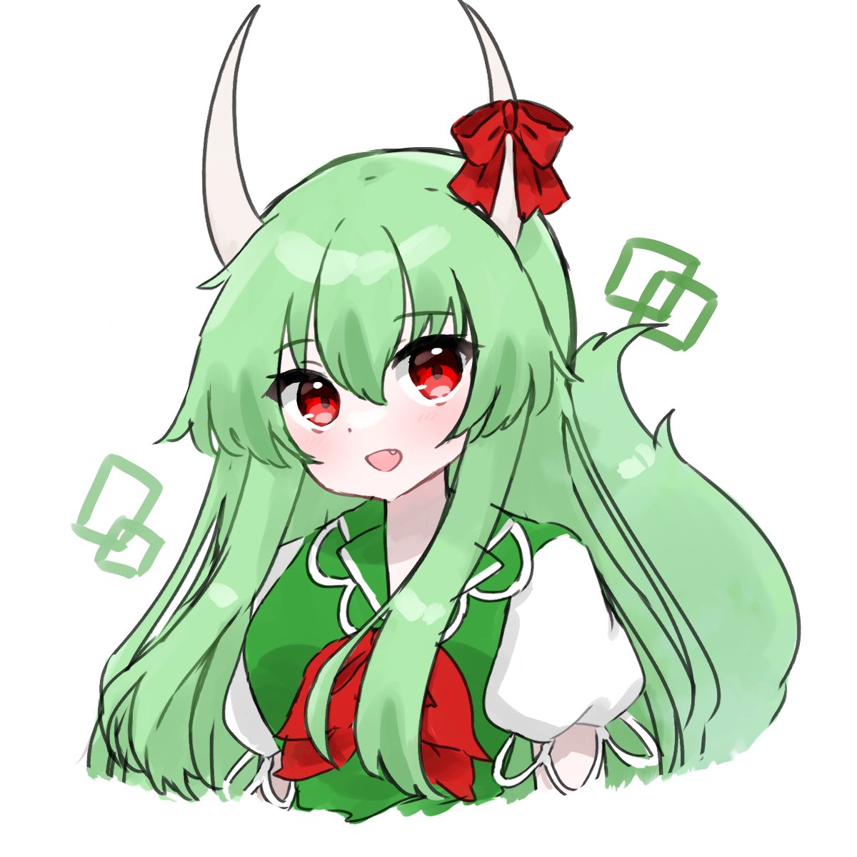 1girl bow commentary cropped_torso ex-keine fang green_hair highres horn_bow horn_ornament horns kamishirasawa_keine koharu66353343 long_hair neckerchief open_mouth red_bow red_eyes red_neckerchief short_sleeves sidelocks solo tail touhou upper_body white_background