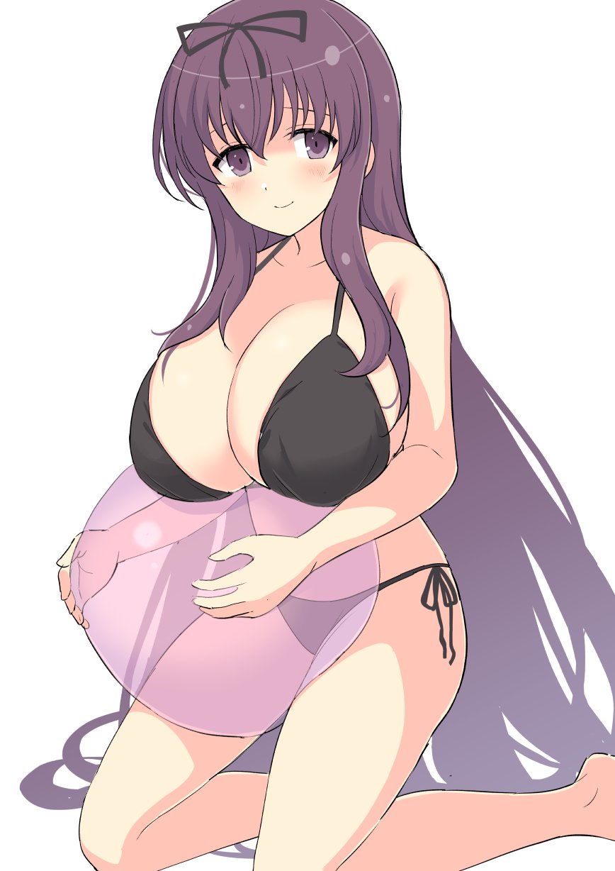 1girl ball bare_arms bare_legs bare_shoulders beachball bikini black_bikini breasts highres holding holding_ball kneeling large_breasts long_hair murasaki_(senran_kagura) perapera purple_hair senran_kagura senran_kagura_shoujo-tachi_no_shin'ei smile swimsuit violet_eyes white_background