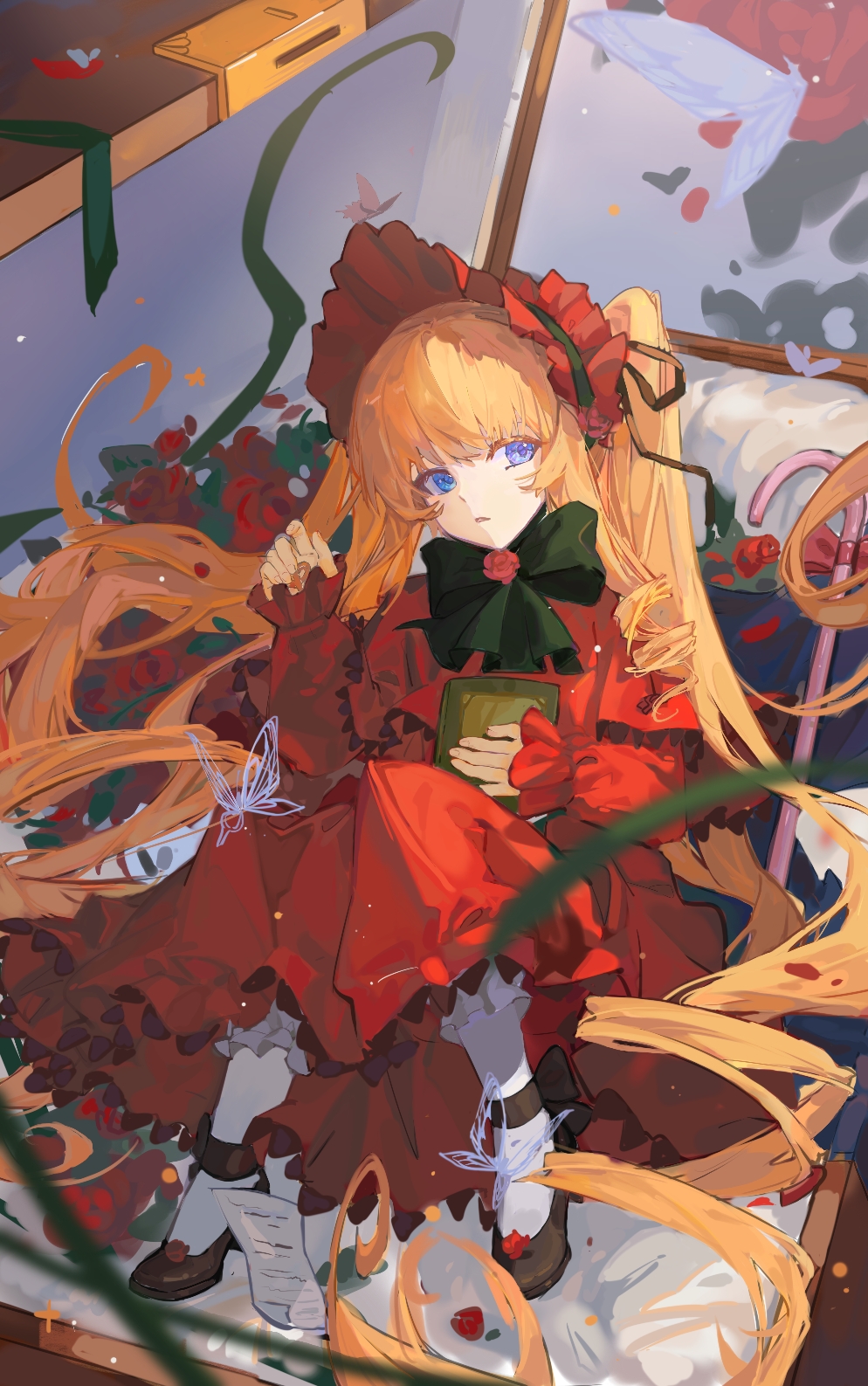 1girl black_footwear blonde_hair blue_eyes bonnet book bow bowtie capelet commentary_request dress drill_hair drill_locks expressionless flower frilled_dress frilled_sleeves frills full_body green_bow green_bowtie highres holding holding_book lolita_fashion long_dress long_hair long_sleeves looking_at_viewer matquing open_mouth pantyhose red_capelet red_dress red_flower red_headwear red_rose rose rozen_maiden shinku sidelocks sleeves_past_wrists solo suitcase very_long_hair white_pantyhose