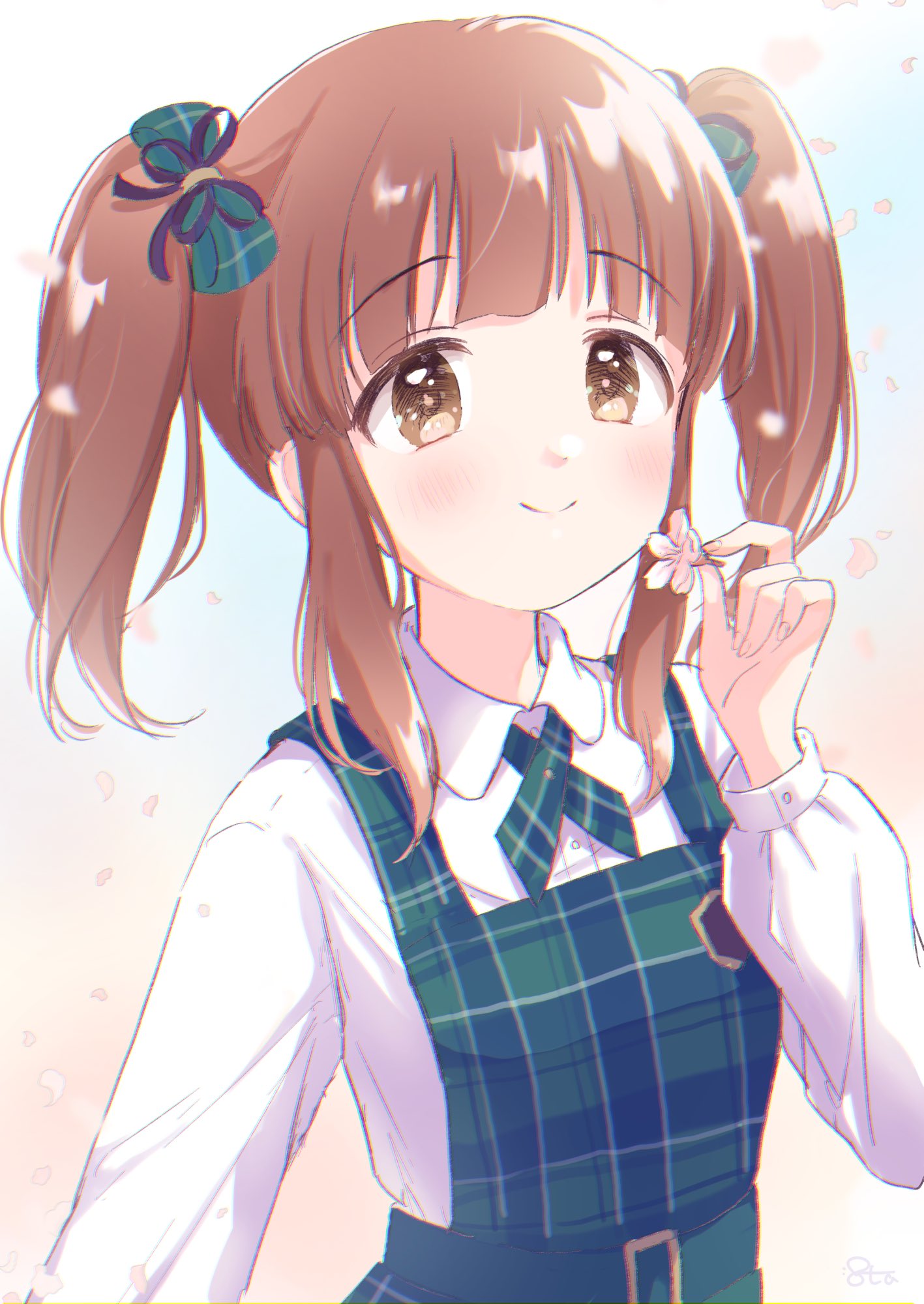 1girl belt blouse blush bow brown_eyes brown_hair closed_mouth falling_petals flower gradient_background hair_ribbon hand_up highres holding holding_flower idolmaster idolmaster_cinderella_girls idolmaster_cinderella_girls_starlight_stage long_hair looking_at_viewer mitsuyahachiko ogata_chieri petals plaid plaid_skirt ribbon shirt skirt smile solo standing suspender_skirt suspenders twintails
